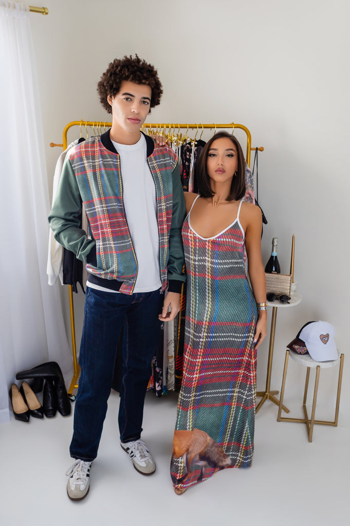 Girl and Guy Wearing Plaid Silk Clothes With Fox On It