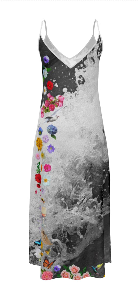 Black And White Silk Dress With Colorful Flowers 