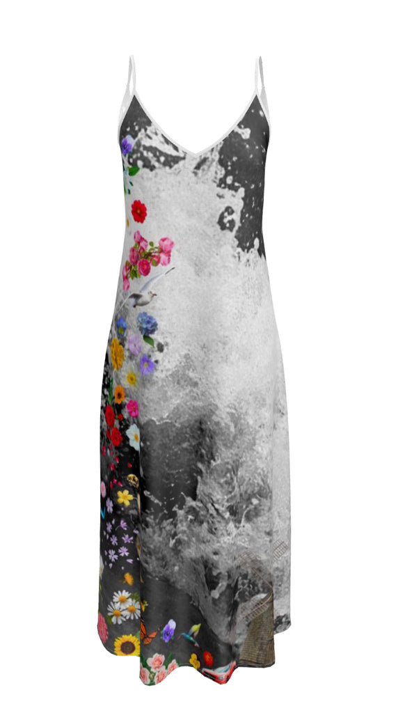 Black And White Silk Dress With Colorful Flowers 