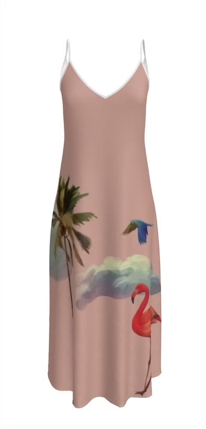 Pink Silk Dress With Birds And Palm Tree