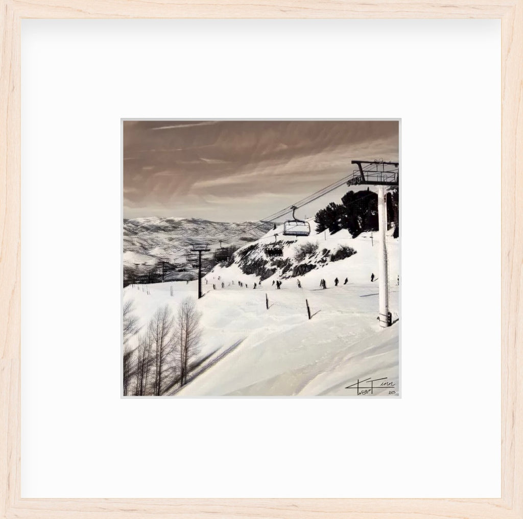 Framed Picture Of Ski Lifts On Snowy Mountain At Sunset