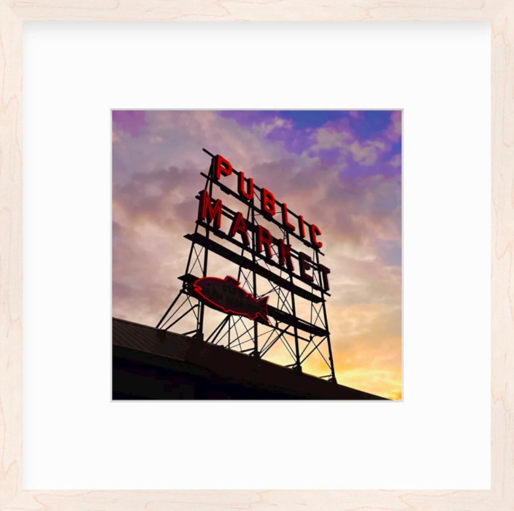 Framed Picture Of A Sign That Says Public Market In Front Of A Sunset