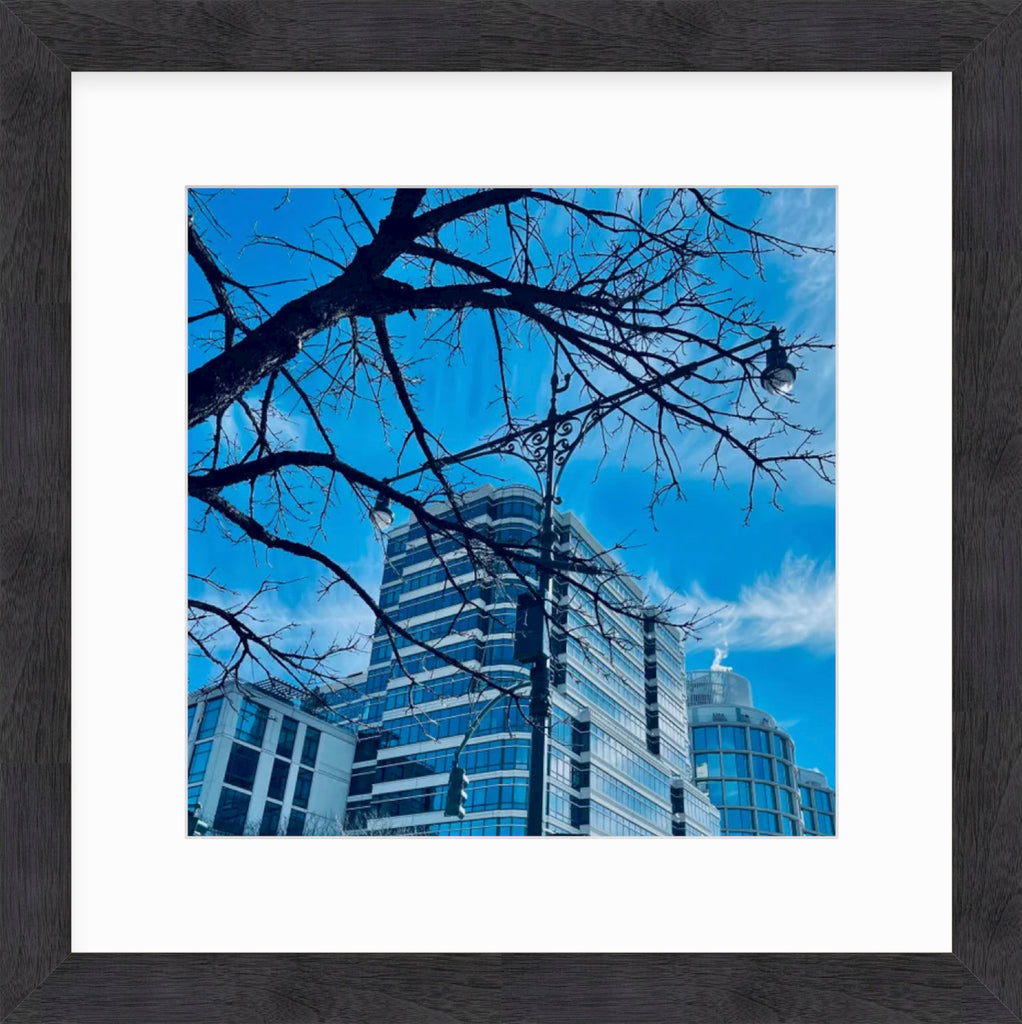 Framed Picture Of A City Scape In Front Of A Blue Sky