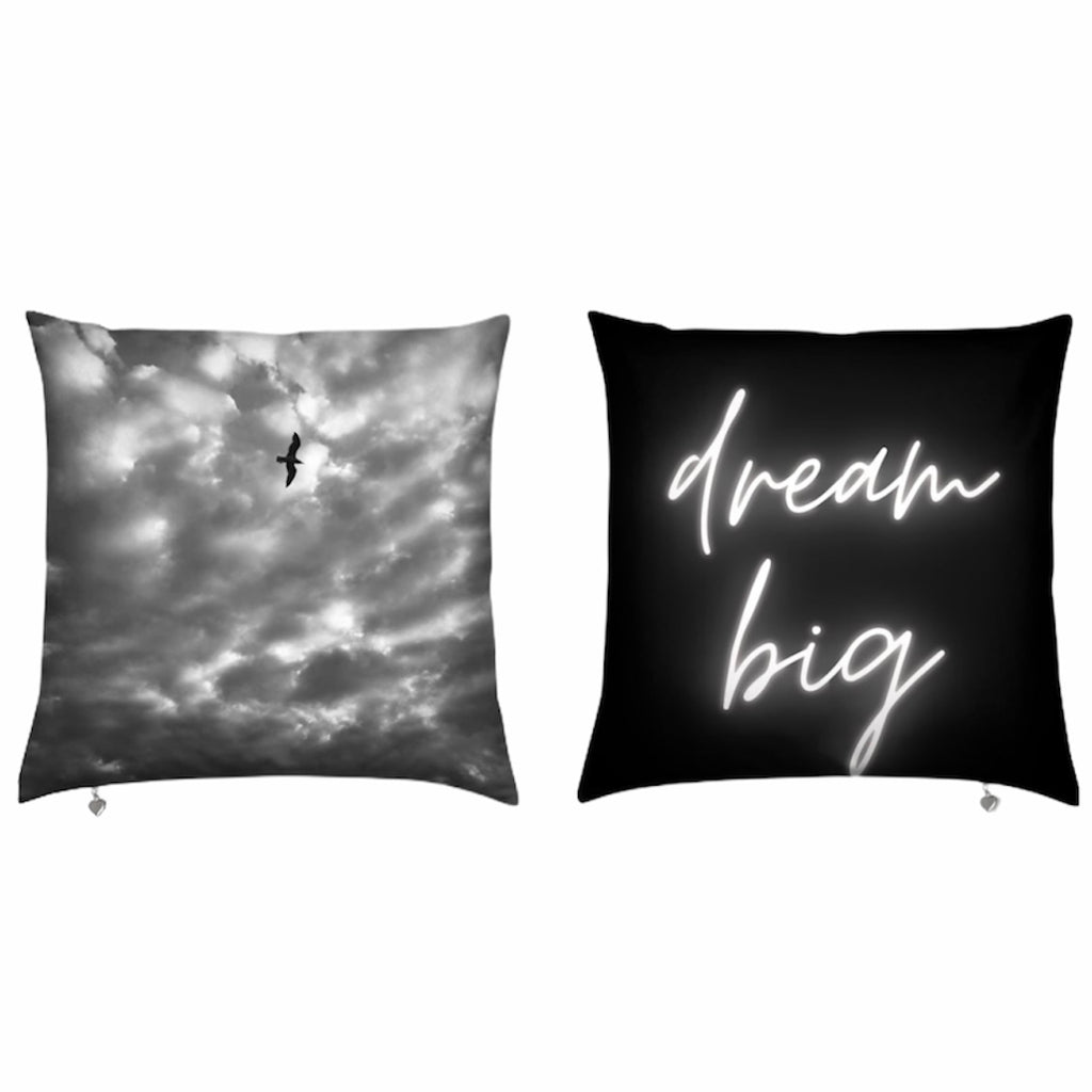 Velvet Pillow With A Bird Flying In Black And White Clouds