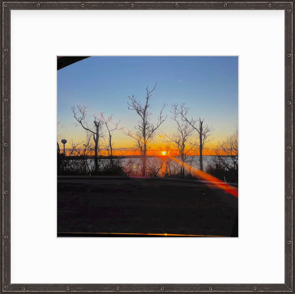 Framed Picture Of An Orange Sunset Behind Bare Trees