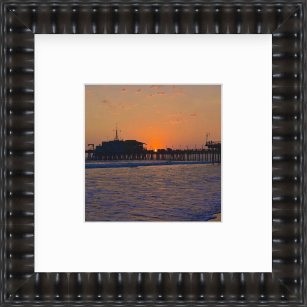 Framed Picture Of An Orange Sunset Behind A Beach Pier