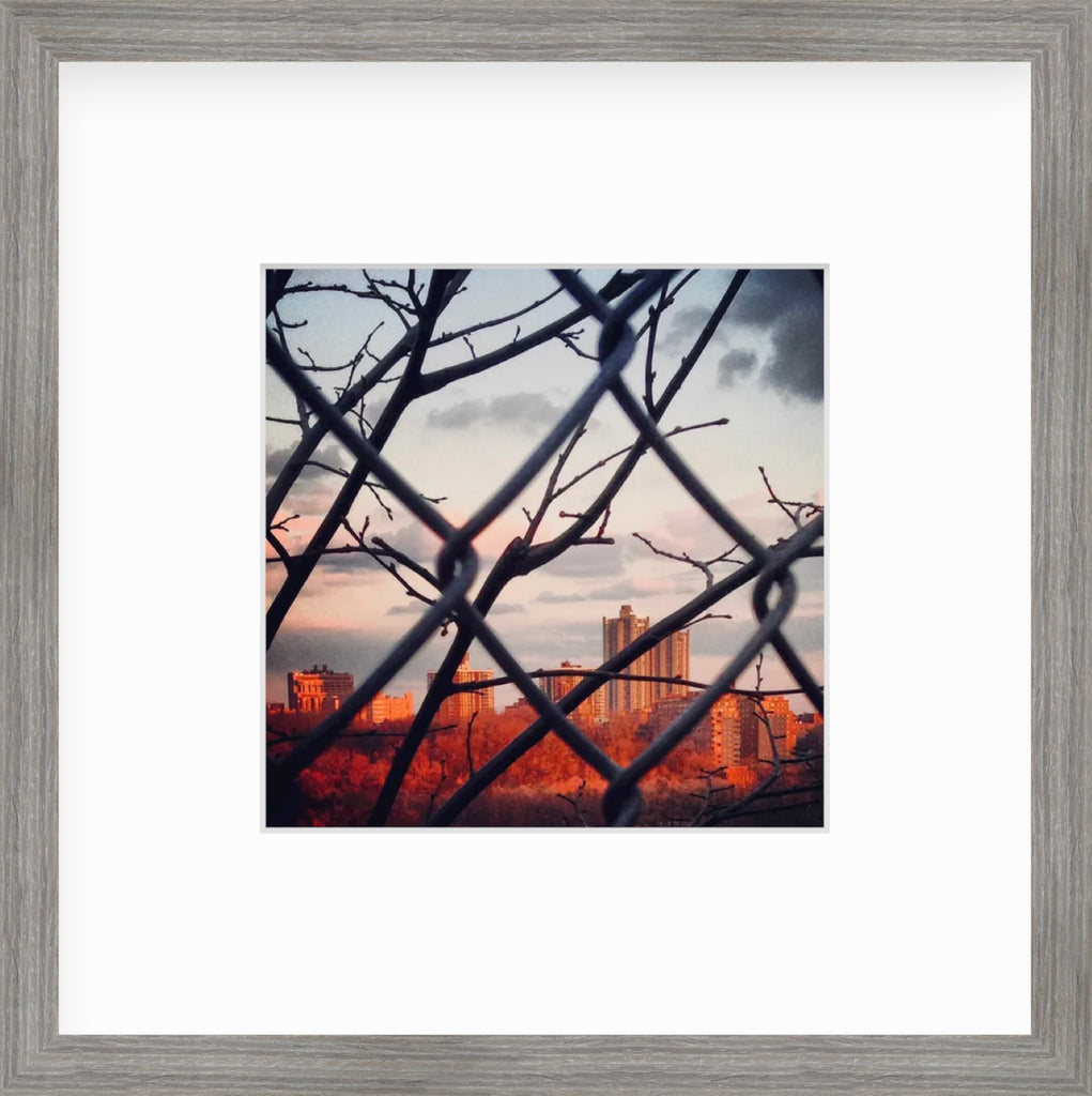 Framed Picture Of A City Scape Shot Through A Chain Link Fence