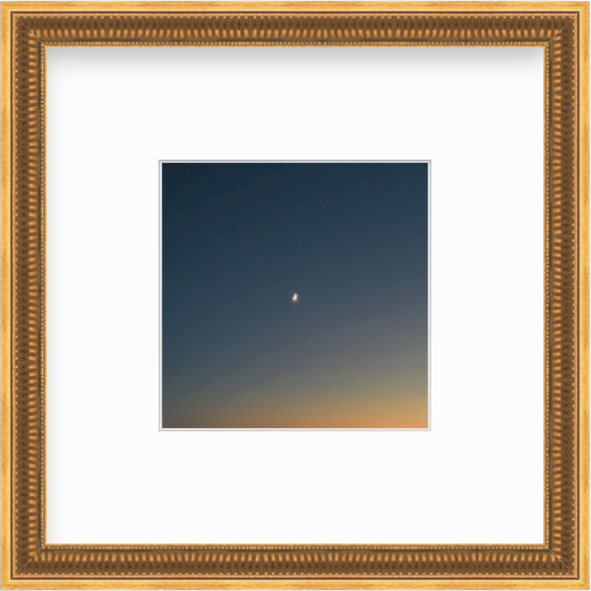 Framed Picture Of A Crescent Moon In A Blue and Yellow Sky